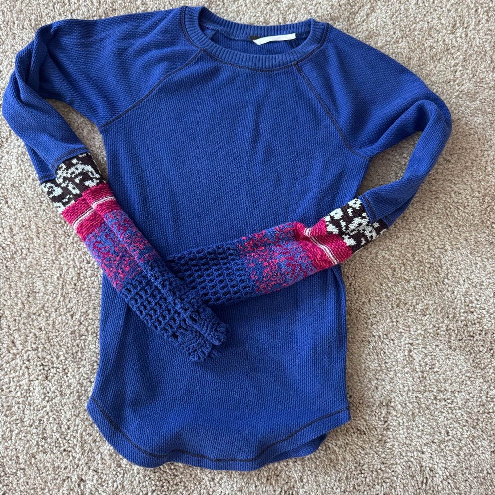 Free People thermal Long Sleeve Knit Top with Patterned Sleeves